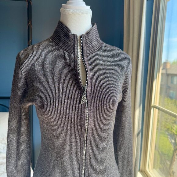 Shimmery Brown Lurex Rhinestone Zip Up Sweater - Picture 5 of 13